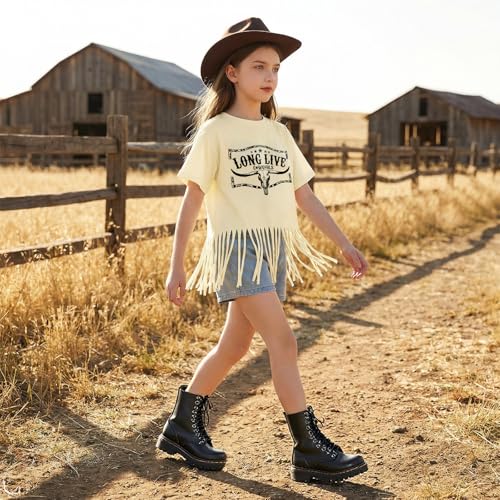 Image of Wrenpies Girls Western Fringe Shirt Long Live Cowgirls Country Rodeo Shirts Kids Cow Skull Graphic Tees Tassel Fringe Tops