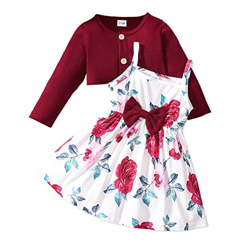 Image of PATPAT Baby Girls Dress and Cardigan Sets 2 PCS Infant Girl Floral Print Sleeveless Dress and Long Sleeve Cardigan Set