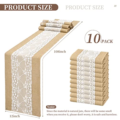 10 Packs Burlap Table Runner Rustic Vintage Lace Natural Jute Table Runner 12X108 Inch Lace Burlap Table Cover For Wedding Table Decorations Farmhouse Thanksgiving (Middle Lace & Burlap) #TOP2