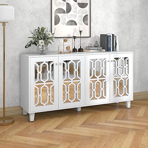 Azkoeesy Aparador Blanco 160cm - Mueble de Cocina/Salón/Comedor con 4 Puertas de Espejo, Asas de Cristal y Estantes Ajustables, Diseño Moderno (160x84x40cm)‌