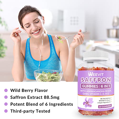 Weevit Saffron Supplement Gummies For Women And Men, 88.5Mg Saffron Extract With Ashwagandha, Gaba, Vitamin C, D3, B12 | Organic Saffron Gummy #TOP1