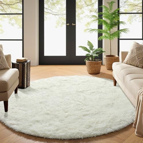 Image of PAGISOFE Cream White Round Rugs 5Ft, Fluffy Shaggy Ivory Carpets, Rugs for Girls Boys Baby Kids Bedroom, Indoor Furry Comfy Teepee Mats, Circular Rug for Reading Area Nursery Room Decor Aesthetic