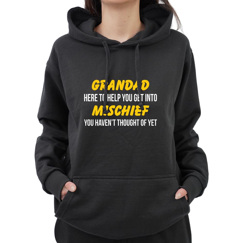 Funny Grandad Here to Help You Get Into Mischief Sarcastic Grandfather Witty Humor Hood Gift For Him Adults Mens Hoodie(XL, Black)