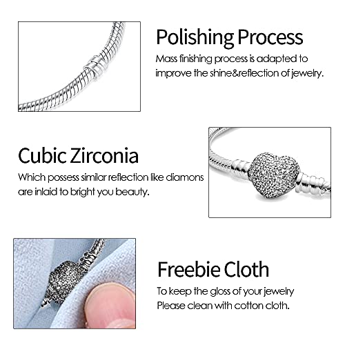 Image of 925 Sterling Silver Snake Chain Bracelets Fit Pandora Charms,Heart Clasp Bracelets Perfect For Any Glamour Gift for Women with 5 A Cubic Zirconia