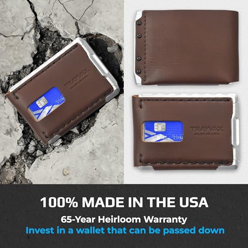 Image of Trayvax Venture Billfold Wallet, Front Pocket Money and Credit Card Holder, Minimalist Slim Leather Metal Wallet for Men and Women, Riveter Brown, Billfold