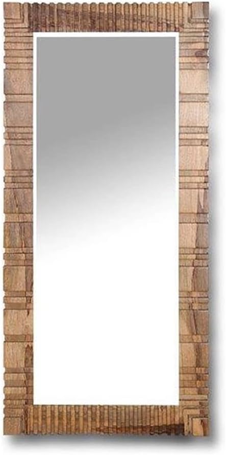 Pemberly Row Modern Wood Floor Mirror, 37x80 in, Matte Amber Finish, Mango Wood, Beveled Edge, Hand-Carved Motif, French Cleat Hanging Hardware, Contemporary Full-Length Mirror for Bedroom or Living