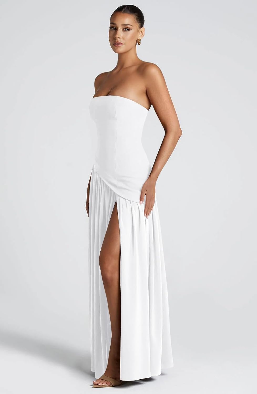 Memoriesea Women's Elegant Strapless High Split A Line Flowy Party Cocktail Maxi Dress - Image 5