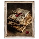 Vintage Love Letters Wall Art Print, Romantic Oil Painting Style Print with Red Wax Seal Hearts, Rustic...
