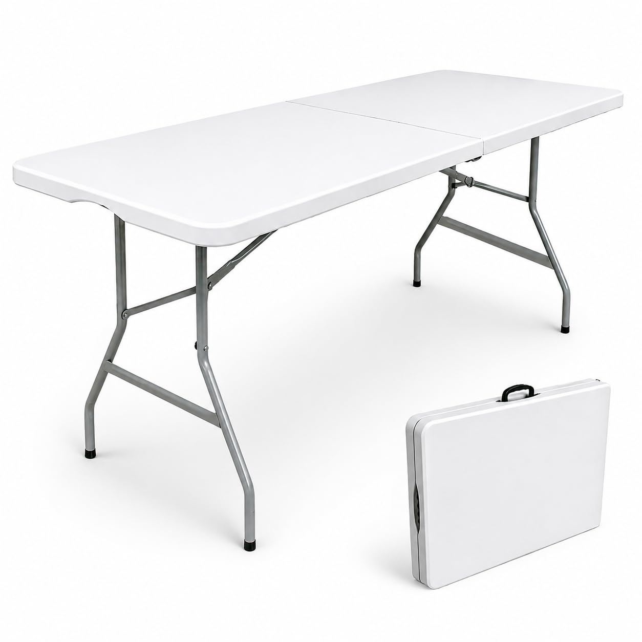 6 foot folding table, portable plastic fold-in-half utility foldable table with handle for indoor & outdoor use, suitable for camping, picnic, wedding, parties, and bbqs - white