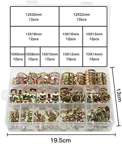 DXLing 120 Pieces Spring Hose Clamps 12 Sizes Metal Fuel Line Hose Clips Water Pipe Air Tube Hose Clamp Tubing Spring Clamps Assortment Kit Fastener Accessories for Air Hose Fuel Line Drain Hose