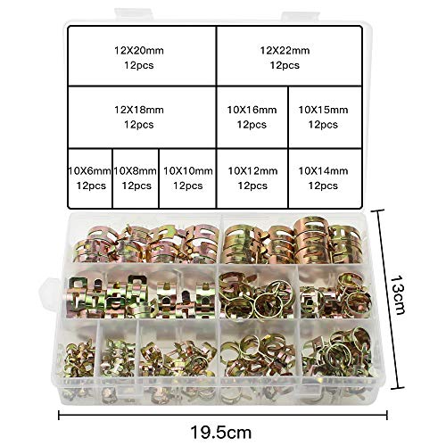 DXLing 120 Pièces Clip à Ressort Metal 10 Taille Tuyau Serre-joints Tuyaux Colliers de Clip Réglable Double Oreille Tube Attaches Assortiment Kit avec Boîte de Rangement pour Tuyau D'eau Tuyau D'air