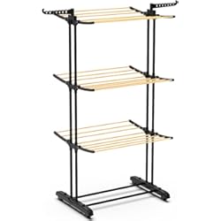 Tendedero Extensible 90 Cm VOUNOT Tendedero Vertical Tipo Torre, Tendedores de Ropa Plegable, Estantes de Secado Ropa de Metal con 6 Alas Plegables y 4 Ruedas, Aspecto de Madera, 3 Niveles