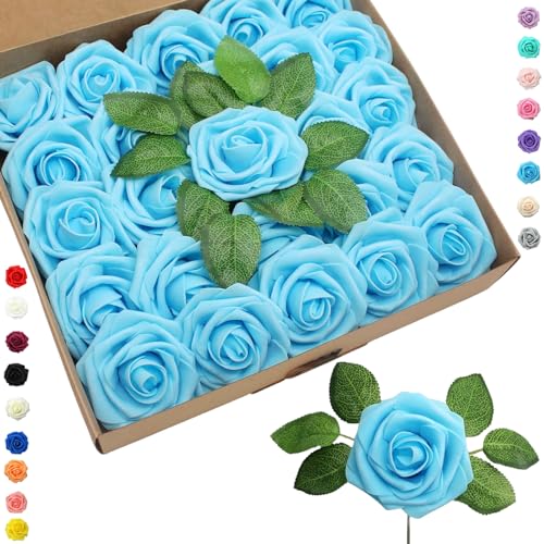 25 pièces Fleurs Artificielles Roses Artificielles Bleu Ciel,Mousse Faux Roses avec Tiges...