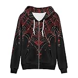 Irisjudy Gothic Red Spider Web Zip Up Hoodie for Women Halloween Bloody Cobweb Oversized Outfits Coat, Black Hooded Fashion Jacket Casual Sweatshirt
