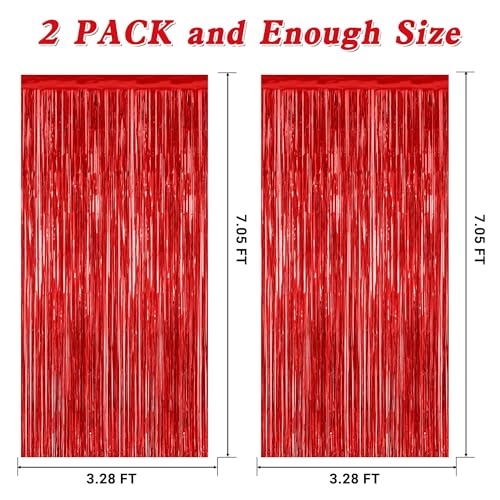 Image of ZATAYE 2 Pack Red Foil Curtain Backdrop Birthday Party Decorations | Red, Metallic Foil, 3.28 x 7.05 FT, Tinsel Backdrop, Foil Curtain Streamer, Valentines Christmas Party