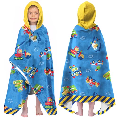 Image of Engineering Vehicle Boys Beach Towel with Hoodie for Kids Toddlers Age 4-8,Car Blue Bath Towels Shower Wrap for Boys, Hooded Poncho Beach Blanket for Pool Swimming Cute Wearable Bath Towel for Child