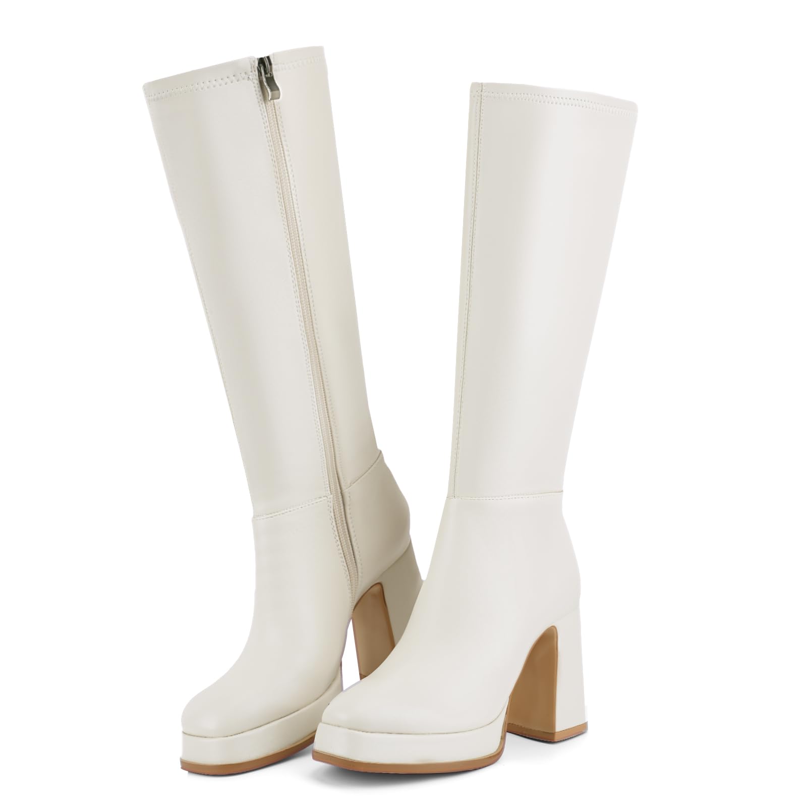 QIV Platform Knee High Boots for Women Square Toe Chunky Block Heel Tall Gogo Boots with Zipper