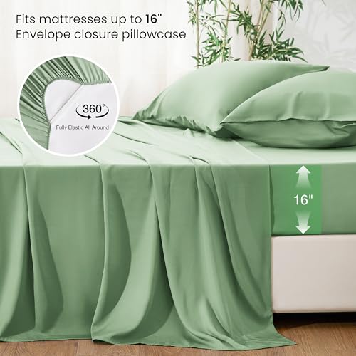 Image of Love's cabin 4 Piece Queen Sheet Set, 100% Rayon Derived from Bamboo, Cooling & Breathable, Soft Silky Deep Pocket up to 16 inch, Hotel Luxury Bedding for Hot Sleepers, Sage Green