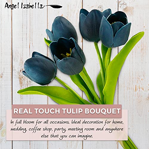 Angel Isabella Realistic Tulip Raffia Tied Flowers, Real Touch Artificial Flowers For Decoration, Beautiful Artificial Flowers Arrangements For Home, Wedding, Corsage, Boutonniere - 5 Stems, Dark Navy #TOP6