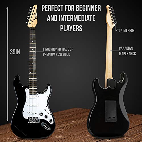 Image of LyxPro Electric Guitar 39 inch inch Complete Beginner Starter kit Full Size with 20w Amp, Package Includes All Accessories, Digital Tuner, Strings, Picks, Tremolo Bar, Shoulder Strap, and Case Bag - Black