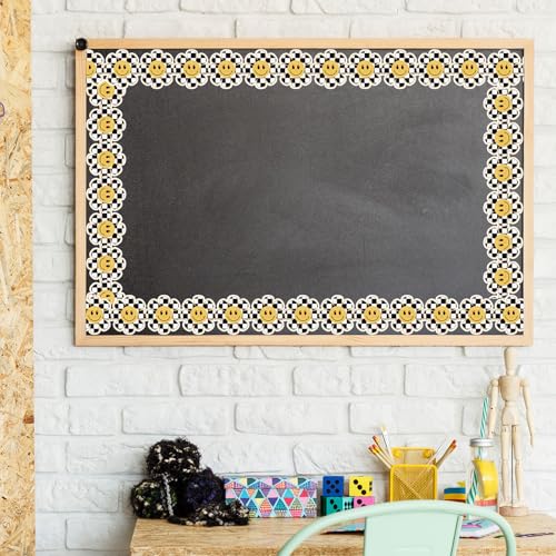 Image of Whaline 32.8ft Happy Face Daisy Bulletin Board Border White Black Checkered Smile Face Flower Die-Cut Rolled Border Trim with Gold Edge for Back to School Chalkboard Wall Decoration