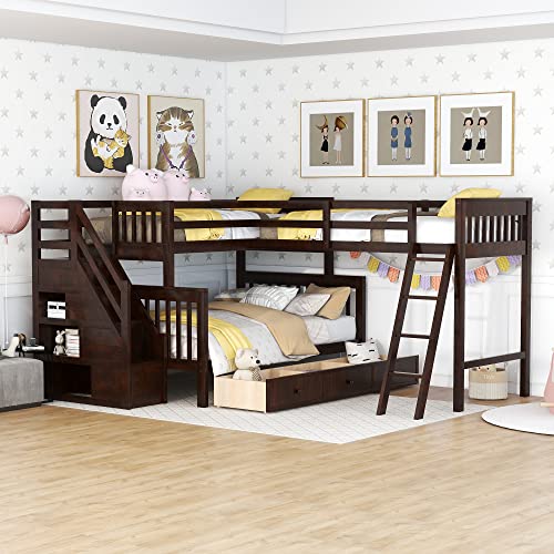 Bellemave L-Shape Triple Bunk Beds with Stairs and Storage Drawers Twin Over Full Bunk Bed Attached a Loft Bed with Drawers Wood Corner Bunked for 3 Kids Boys Girls Teens, Espresso
