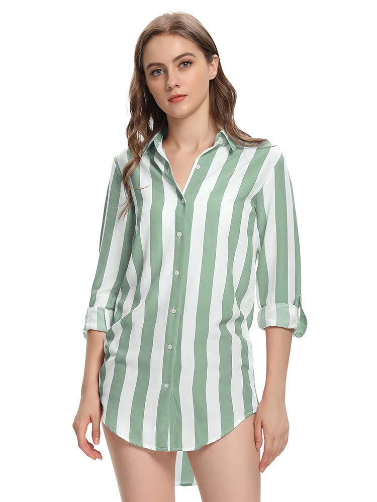 Tianerhay Women Striped Shirts Button Down Long Sleeve Blouse Cuffed Sleeve Collared Shirt