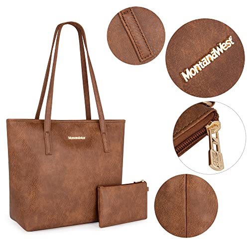 Montana West Tragetaschen, groß, veganes Leder, Geldbörsen und Handtaschen für Damen, Tragegriff, Damen-Schultertaschen, 2 Stück, edc braun