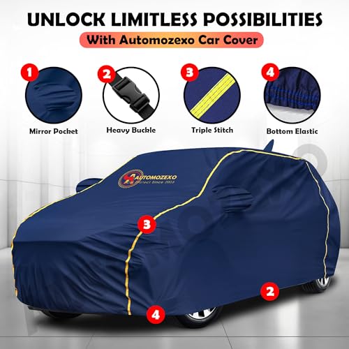 Image of Maruti Suzuki Dzire 100% Waterproof Car Cover (Midnight Blue) 6LYR HDPE 200gsm Strong Fabric for All Weather Protection, Mirror & Antenna Pocket, Cotton Layer, Adjustable Elastic Straps