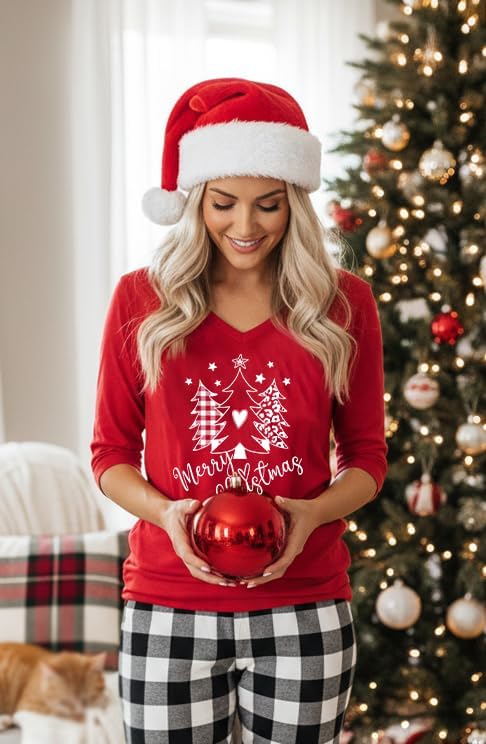 Christmas Shirts for Women V Neck T Shirt 3/4 Length Sleeve Womens Tops Christmas Tree Graphic Tee Fall Top - Image 3