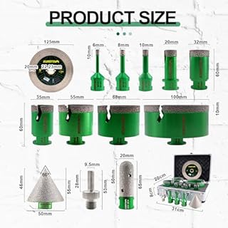 KURSTOL Punte Diamantate Gres Porcellanato 13 Pezzi - 6/8/10/20/32/35/55/68/100mm Punte Trapano, 20mm Fresa, 50mm Smusso, 125mm Disco, Adattatore per Porcellana Piastrelle Ceramica Marmo Granito