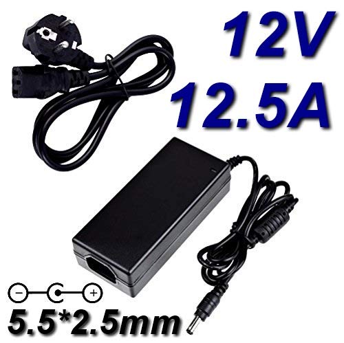 TOP CHARGEUR* Adaptador Alimentación Cargador Corriente Salida Output DC 12V 12.5A 12500mA 150W Marcado CE Clavija: 5.5mm * 2.5mm Reemplaza Cargador 12V 4A / 5A / 6A / 7A / 8A / 9A / 10A / 12A