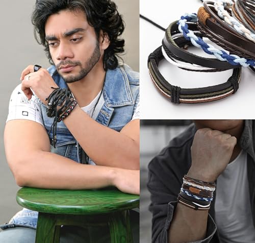 30Pcs Braided Leather Bracelets for Men Women Woven Cuff Wrap Bracelet Wood Beads Hemp Cords Ethnic Tribal Handmade Wrap Wristband Bracelets Set Adjustable3