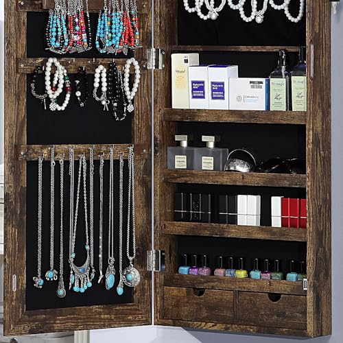 GISSAR 6 LEDs Mirror Jewelry Cabinet,Wall/Door Mounted Jewelry Armoire Organizer with Full-Length Mirror,Large Capacity Lockable Storage Hanging Cabinet, 2 Drawers,4 Shelves, Vintage Brown - Thumbnail 7