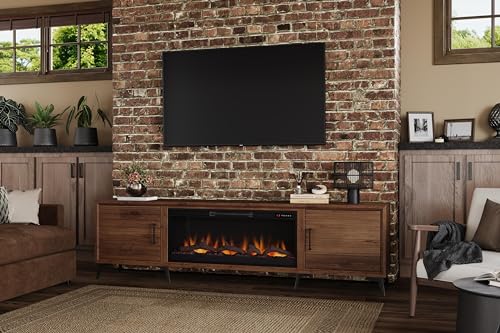 Realcozy Malibu Modern 95 inch Electric Fireplace TV Stand Entertainment Center, for TVs up to 105 inches, Solid Wood, Bourbon Finish