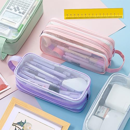 Image of Oyachic 2 Compartment Pencil Case Clear Mesh Pen Pouch Grid Makeup Cosmetics Bag Transparent Marker Organizer Office Business Travel Adults,blue