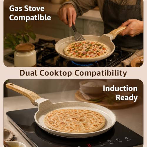 Image of Amazon Basics Ceramic Dosa Tawa 28cm | Nonstick Coating | BPA-Free & PFOA-Free | Induction & Gas Compatible | Even Heat Distribution | Soft-Touch Handle| Ivory