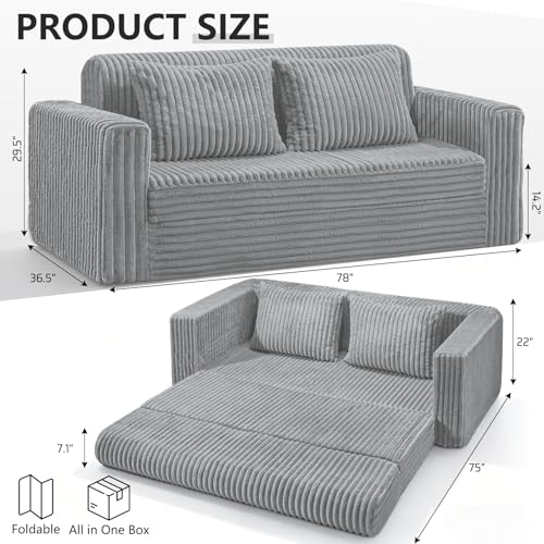 Image of HABUTWAY 78 inch Loveseat Boneless Couch, 4-in-1 Convertible Sofa Bed, Plush Fur Folding Futon Sofa Bed Couches with 2 Pillows for Living Room, High-Density Foam Support, No Assembly Required, Light Grey