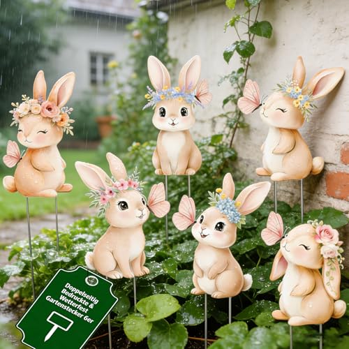 Osterhase Deko Doppelseitig Bedruckte 6er, Gartenstecker Gartendeko für Draußen Wetterfest, Frühlingsdeko Draussen Osterdeko 2026, Easter Decoration, Osterhasen Figuren Groß für Rasen Yard Garten