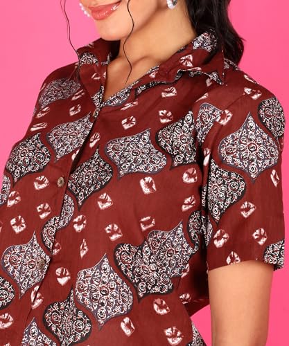 Image of POPWINGS Ethnic Printed Cotton Half Sleeves Regular Fit Crop Shirts for Women Stylish Western Casual Wear