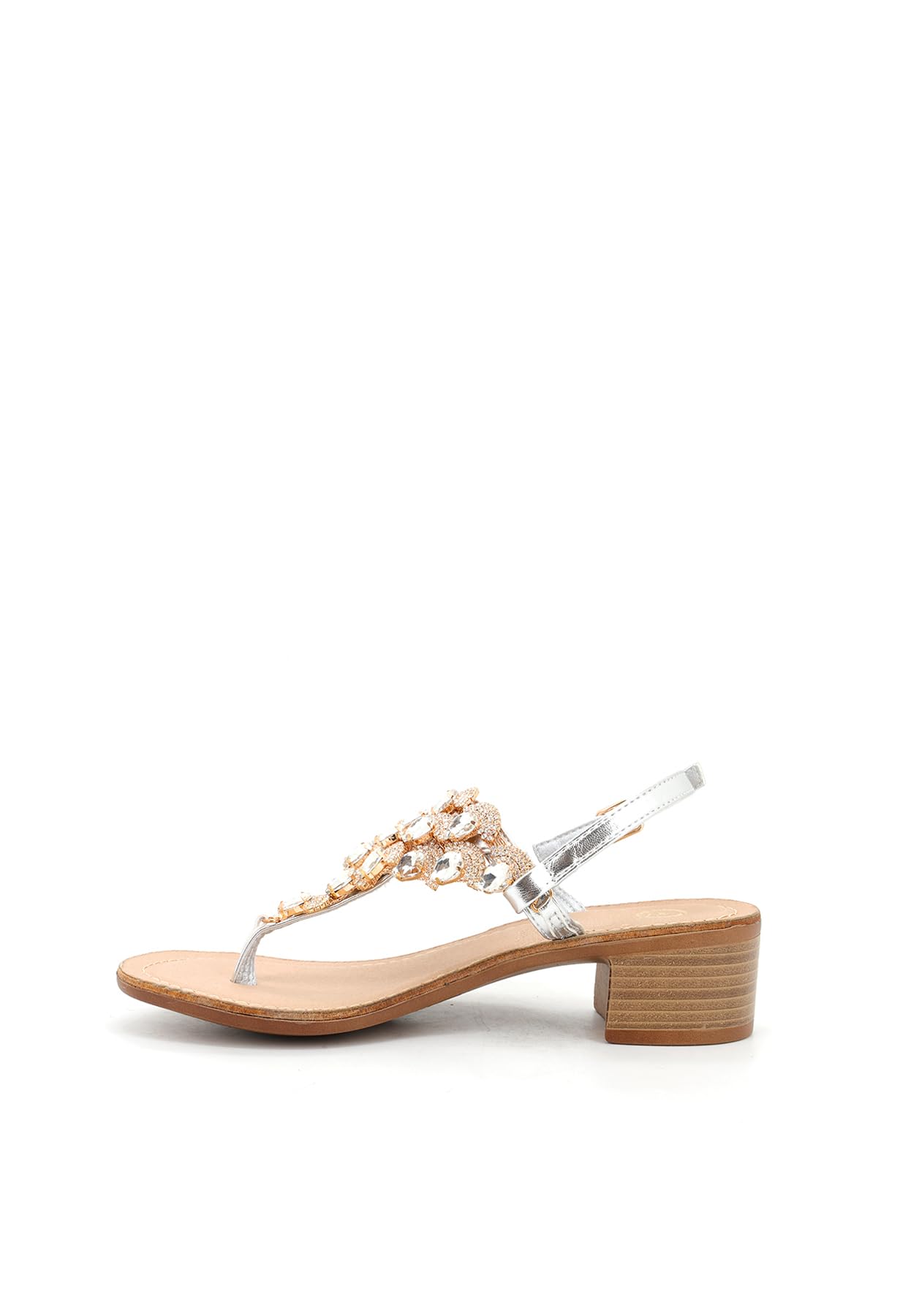 QUEEN HELENA Sandali Gioiello Infradito con Tacco Basso con Strass Eleganti Donna Y6024 (Argento, Sistema Taglie Calzature EU, Adulto, Donna, Numero, Media, 39)