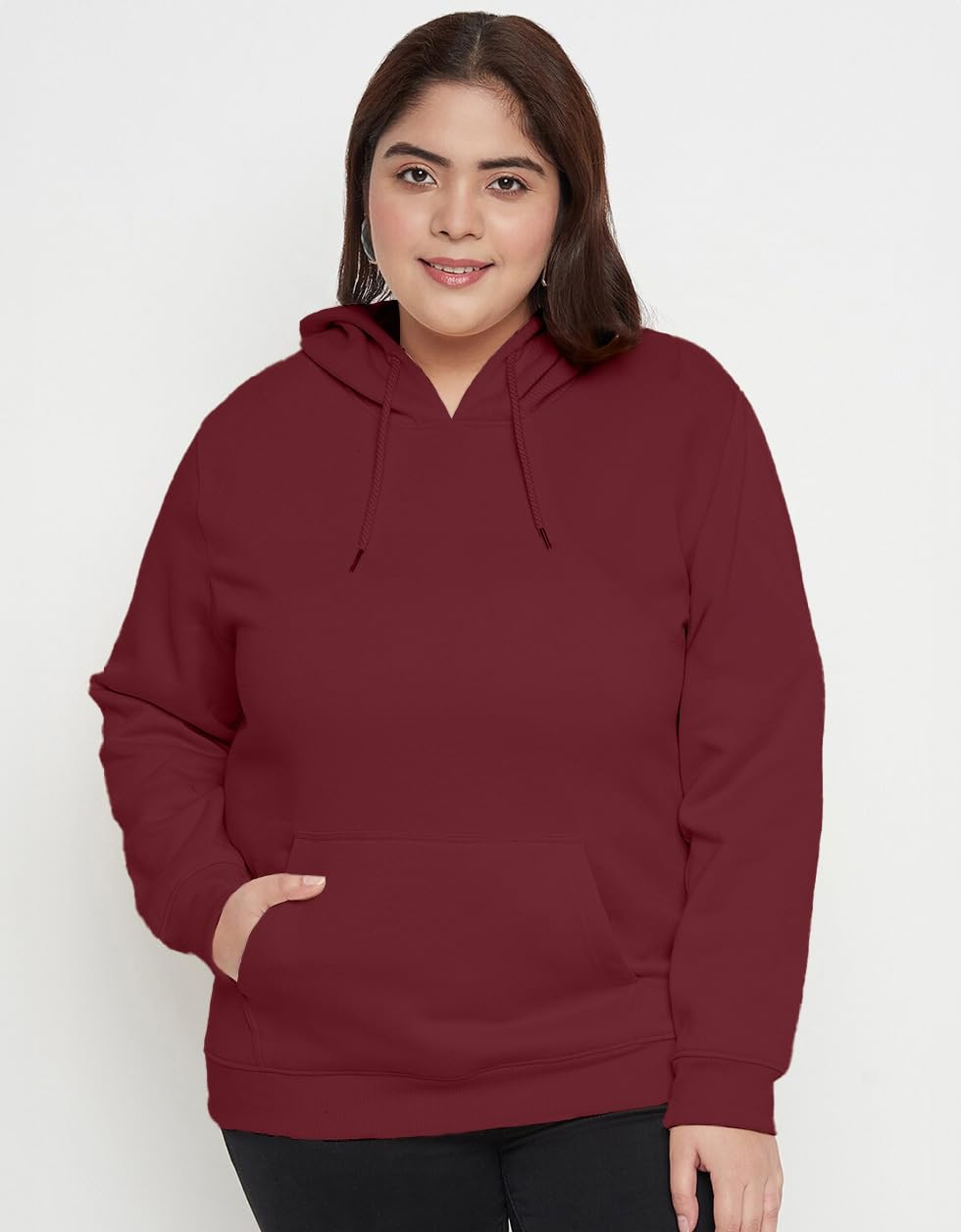 JUNEBERRY Damska bluza z kapturem z bawełnianego polaru, regularny krój, jednokolorowa, plus size (dostępne kolory: czarny, liliowy, brązowy, musztardowy, pesta, fioletowa)