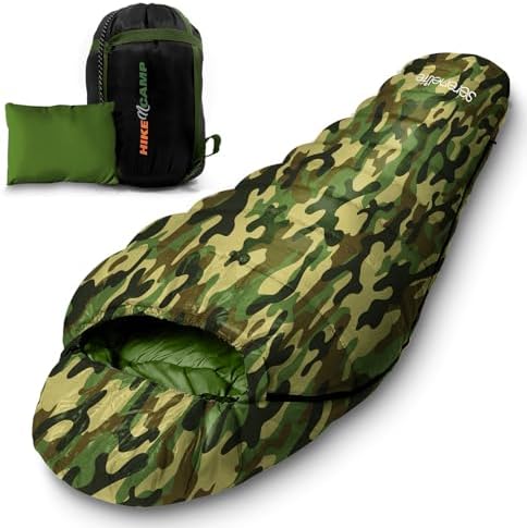 SereneLife 0 Degree Mummy Sleeping Bag – Military-Style, Lightweight & Waterproof for Extreme Cold, Stays Warm in 5–10°F, No-Snag Zipper, Compact Carry Bag & Travel Pillow for Camping & Backpacking