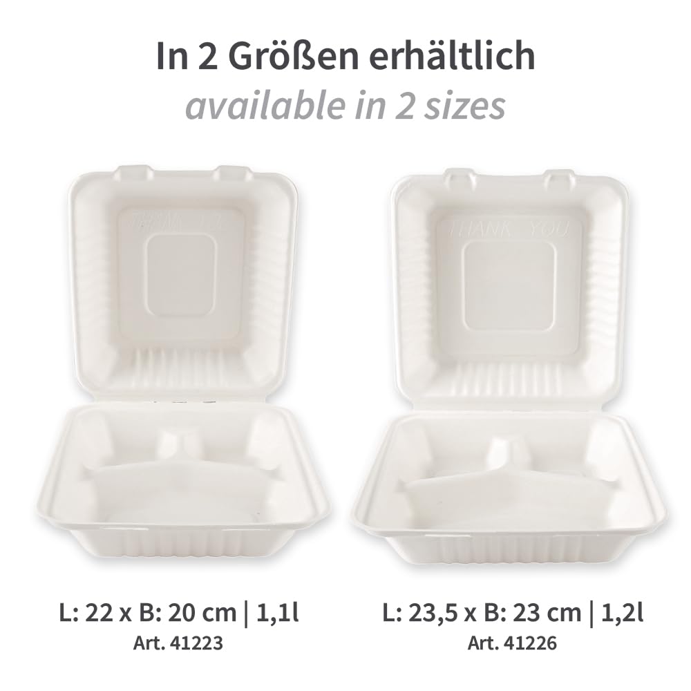 FRANZ MENSCH 250 Stück NATUREStar Menüboxen mit Klappdeckel, 3-geteilt | Zuckerrohr, weiß, V: 1,1l, L: 22,5cm, B: 20cm, H: 9cm, Karton, Menüboxen, Lunchboxen, Klappboxen
