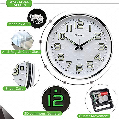 Plumeet Night Light Wall Clocks - 13 Inches Clock with Silent Non-Ticking Glowing Function - Great for Home Kitchen Bedroom - Large Number Battery Operated (Green Light) - Thumbnail 5