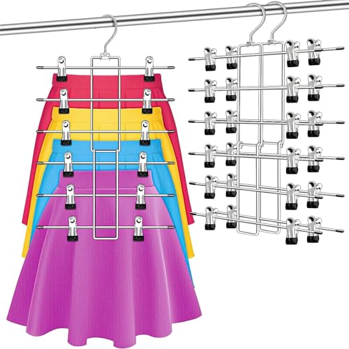 WEKIWGOT 3 Piezas Perchas para Falda con Clips, Perchas para Pantalones de 6 Niveles, Ahorrar Espacio para Armario, Antideslizante, para Ropa, Vaqueros, Corbatas, Bufandas, Vestidos, Toallas