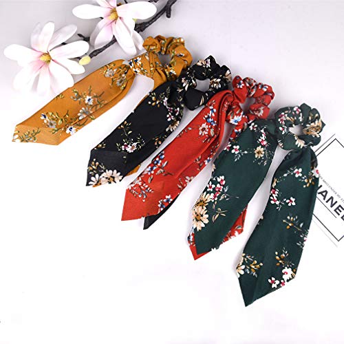 4Pcs Hair Scrunchies Chiffon Scarf Hair Ties Elastic Hair Bands Ponytail Holder Flower Printed Hair Bobbles Vintage Accessories for Women Girls - Thumbnail 2