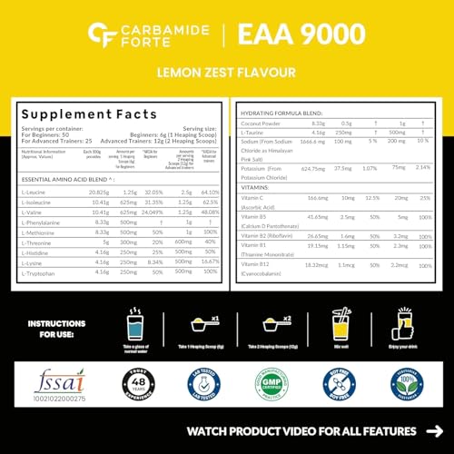 Image of Carbamide Forte Eaa Supplement With Bcaa 5000Mg | Eaa intra workout Supplement For Men & Women With Hydration Blend & Vitamins Lemon Zest Flavour - 50 Servings - Powder 300G, 1 count