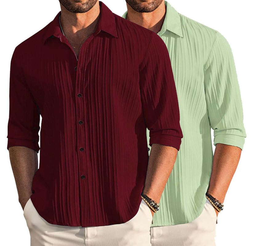 Image of DEELMO Combo of Men's Casual Button Down Shirts Long Sleeve Linen Shirt Fashion Textured Summer Shirts Pack of 2