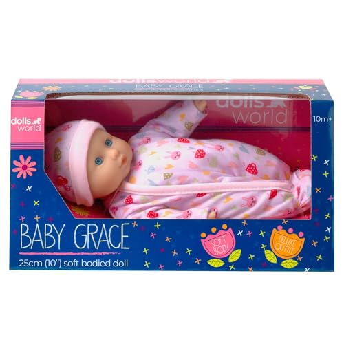 Dolls World from John Adams | Baby Grace Doll | Pale/White Skin 25cm Soft Bodied Doll with Removable Outfit & Hat | Baby Dolls for Girls with Accessories | Cuddly Toys for Girls Ages 10 Months+